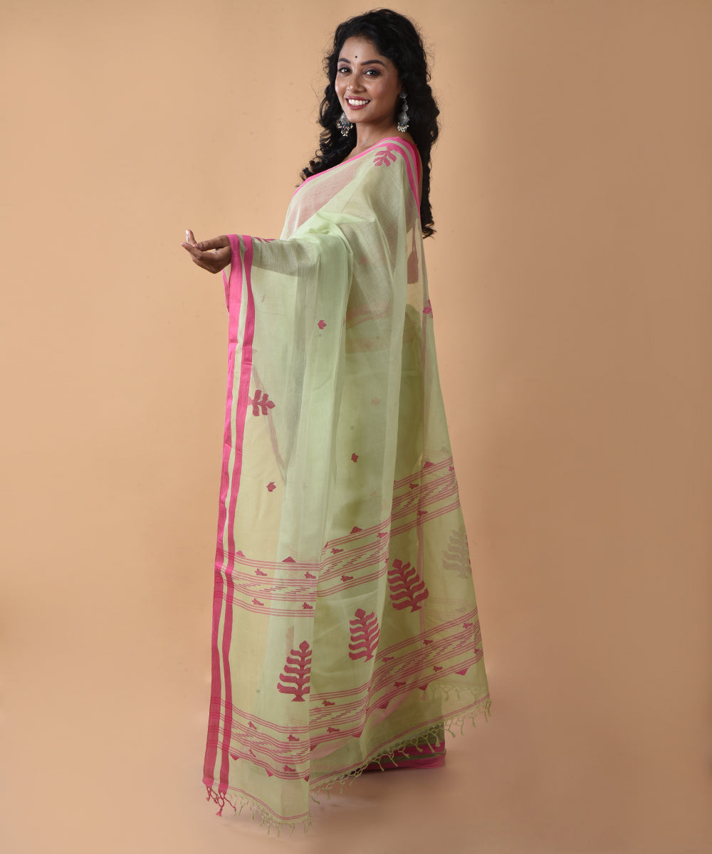 Light green pink cotton handwoven jamdani saree