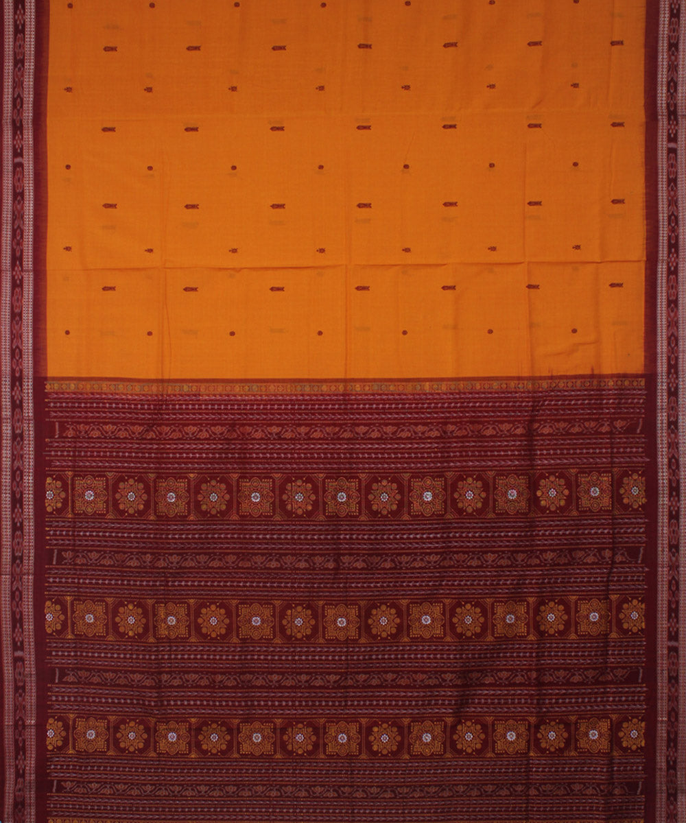Yellow maroon handwoven cotton bomkai saree