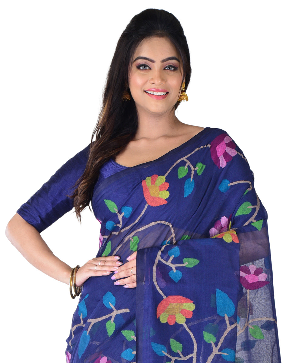 Navy blue multicolor handwoven cotton saree
