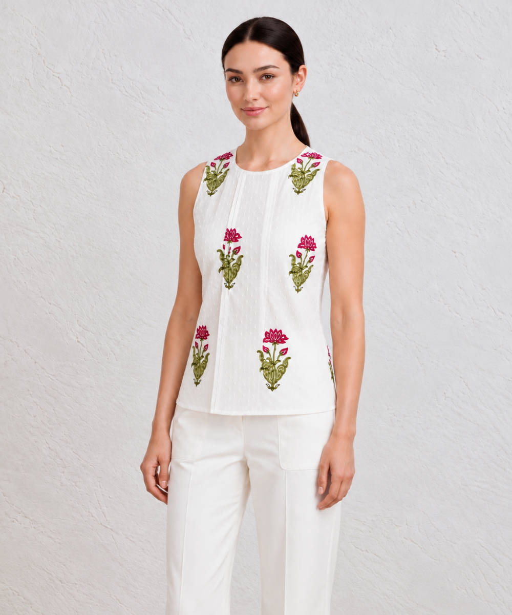 Pink white hand block printed cotton sleevless top