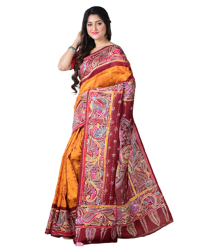 Mustard multicolor batik print handprinted silk saree