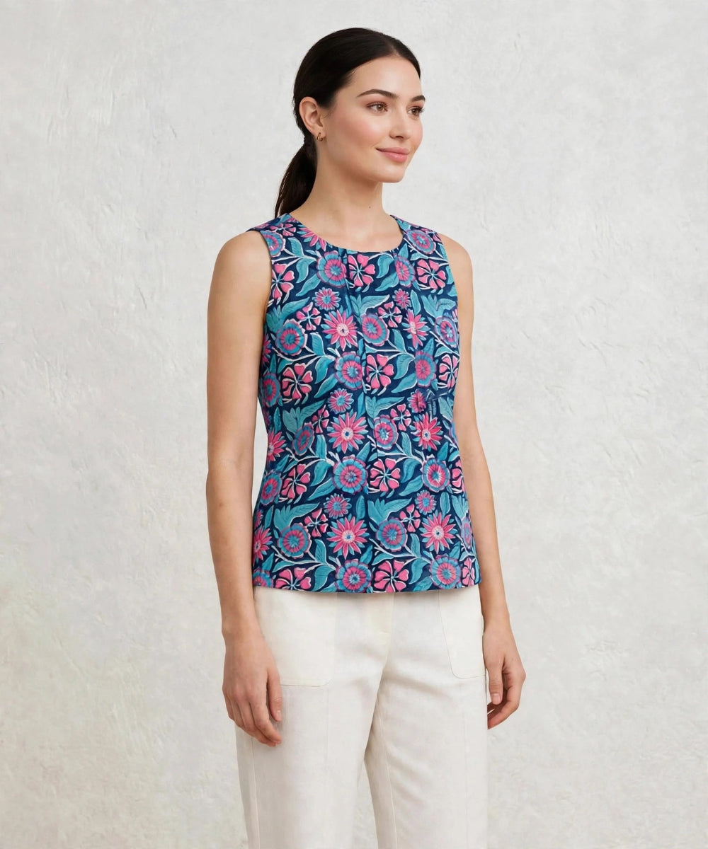 Blue floral hand block printed cotton sleevless top