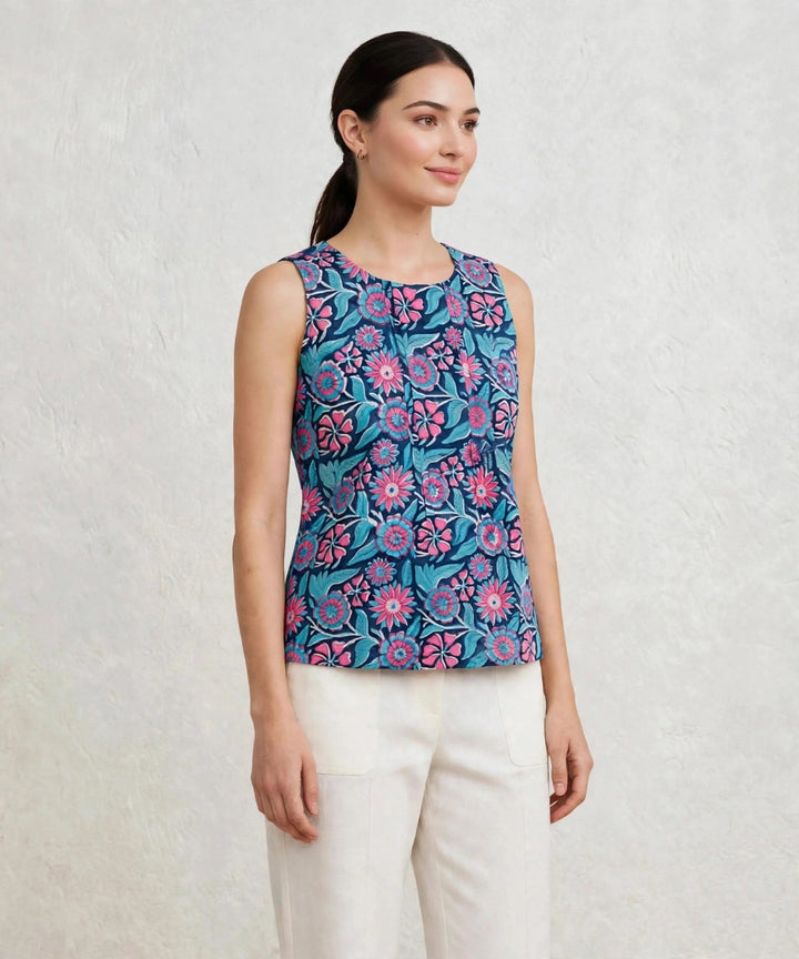 Blue floral hand block printed cotton sleevless top