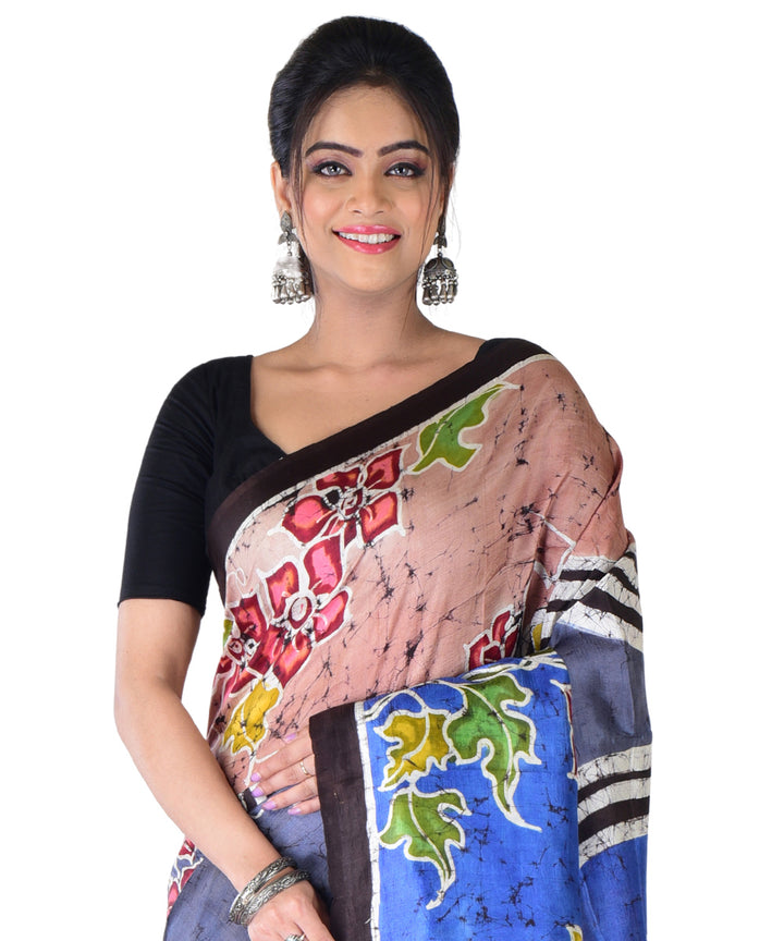 Brown multicolor hand printed silk saree