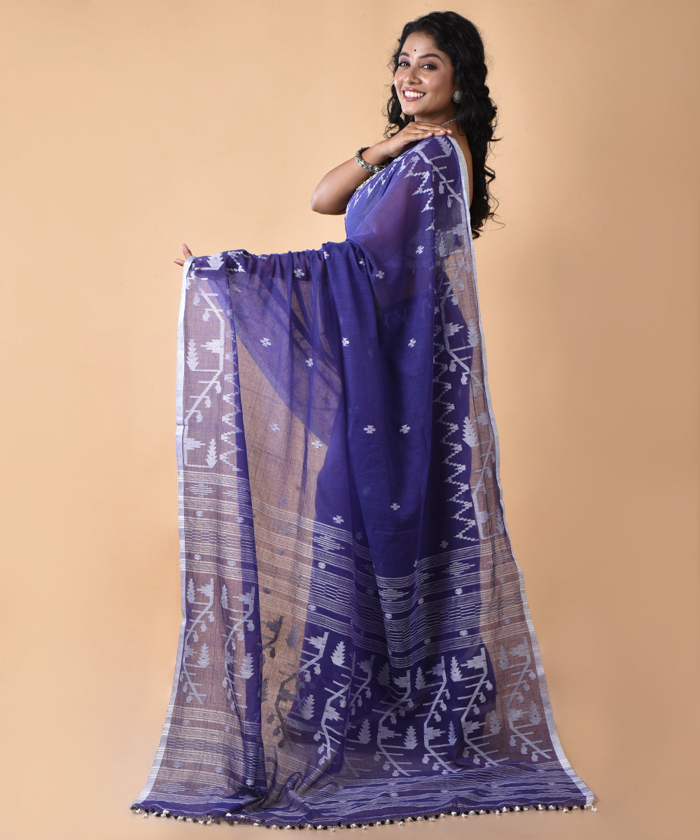 Navy blue offwhite cotton handwoven jamdani saree