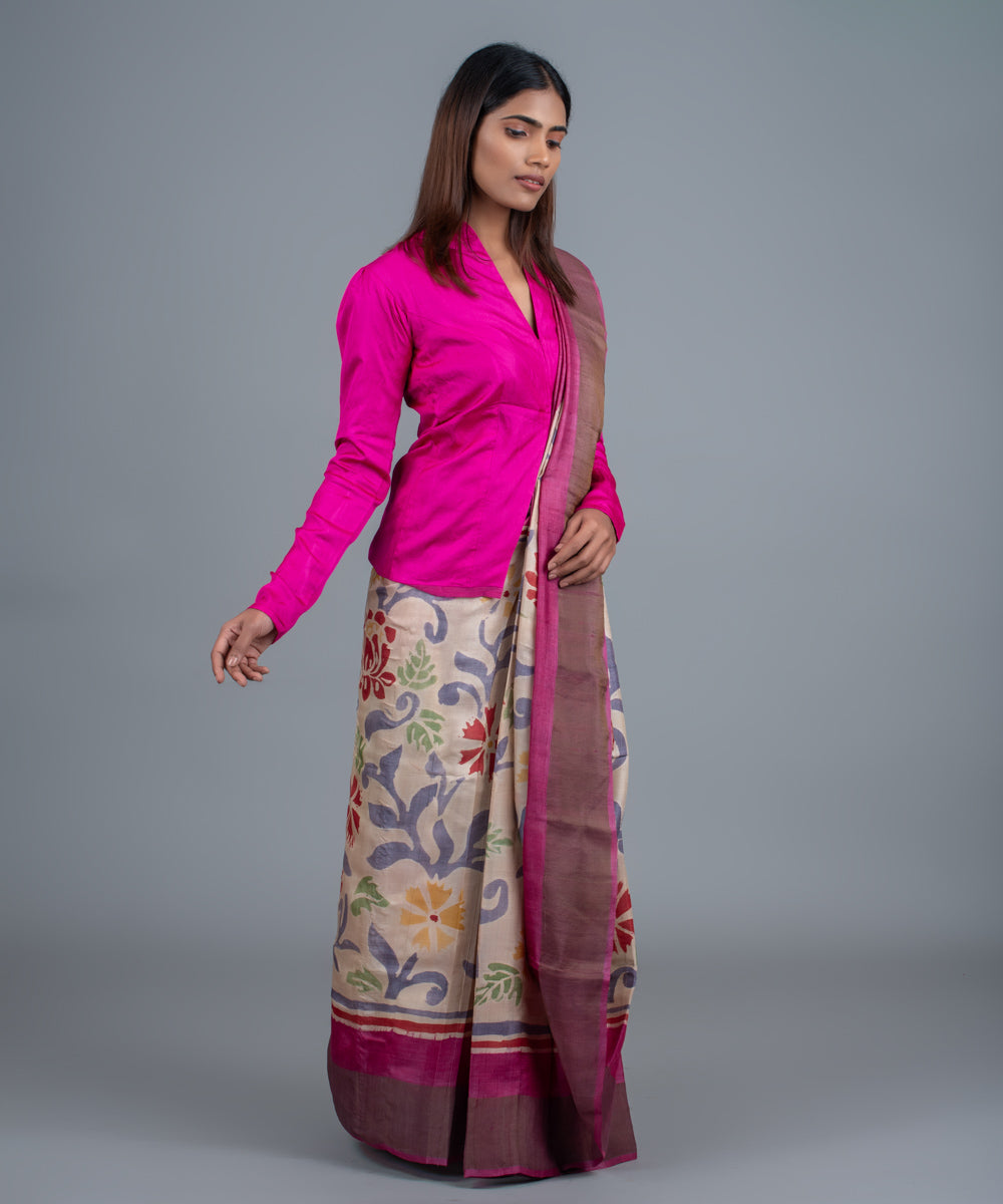 Purple mulberry silk hand painted batik saree