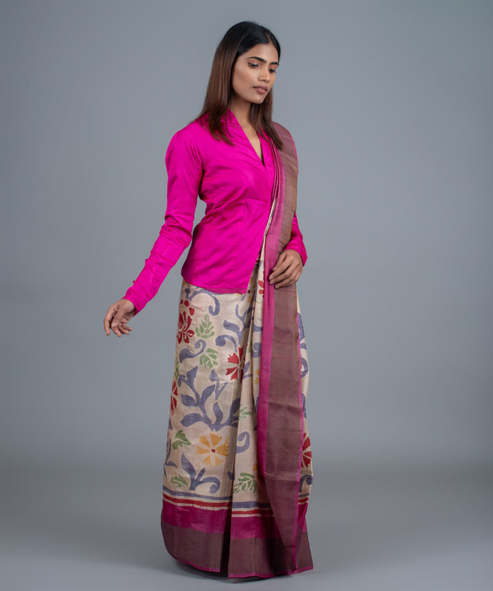 Purple mulberry silk hand painted batik saree