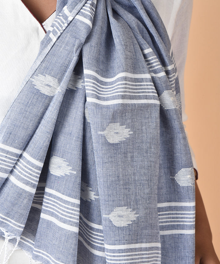 Sky blue white handloom cotton jamdani stole