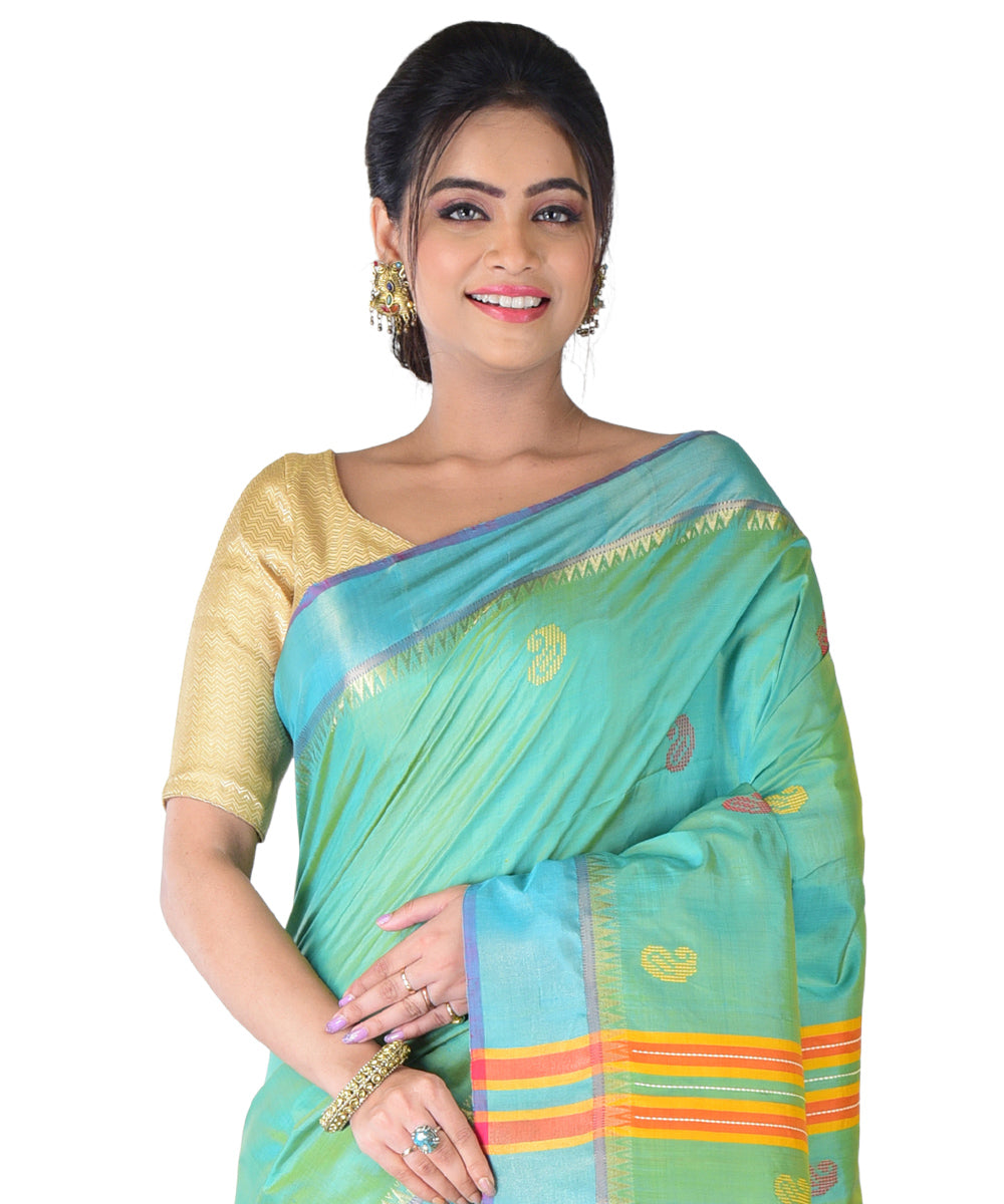Light green red handwoven silk saree