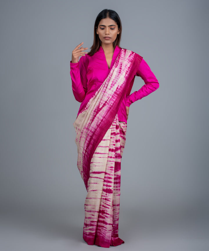 Pink handspun shibori ikat gopalpur tussar silk saree