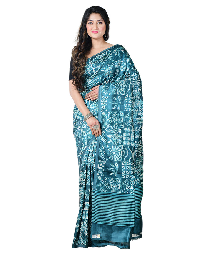 Cyan blue white block print handprinted silk saree
