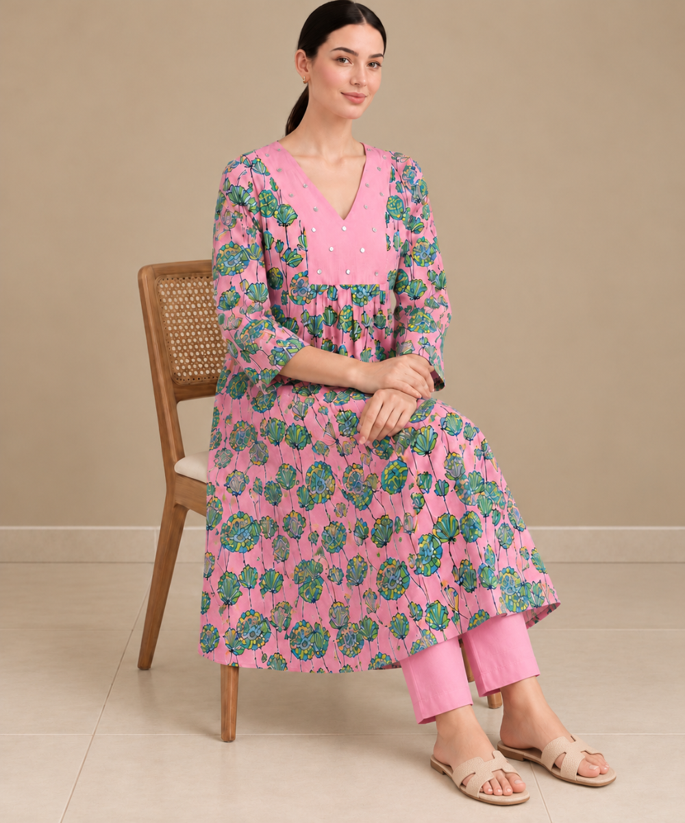 Pink lotus hand block printed A line cotton kurta set