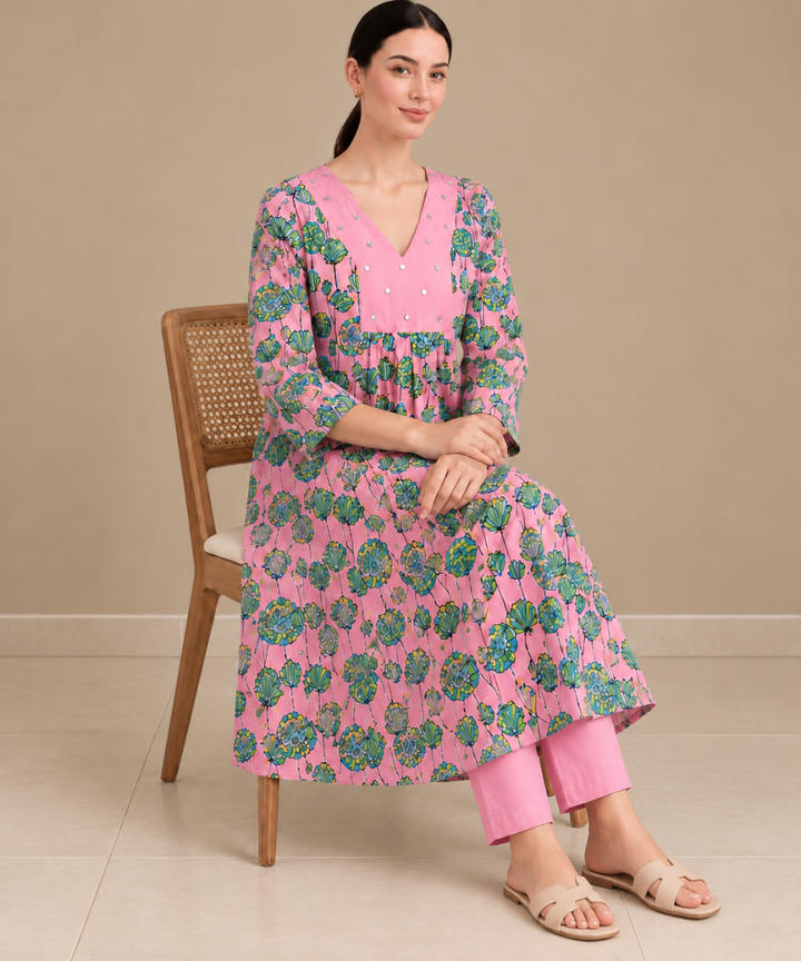 Pink lotus hand block printed A line cotton kurta set