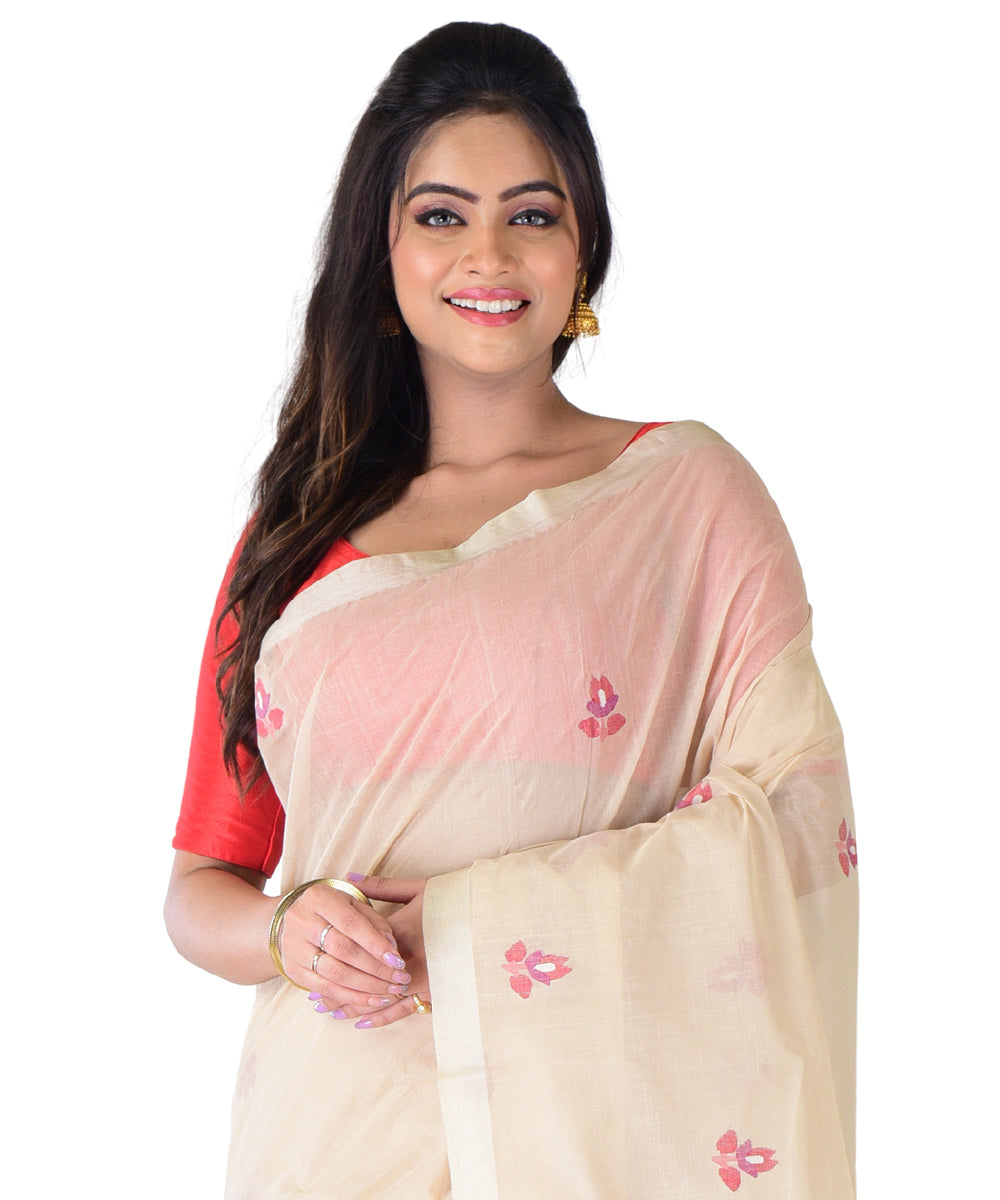 Beige red handwoven cotton saree