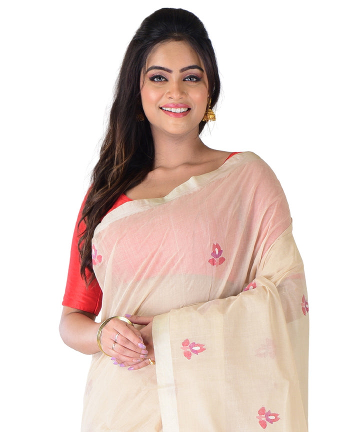 Beige red handwoven cotton saree