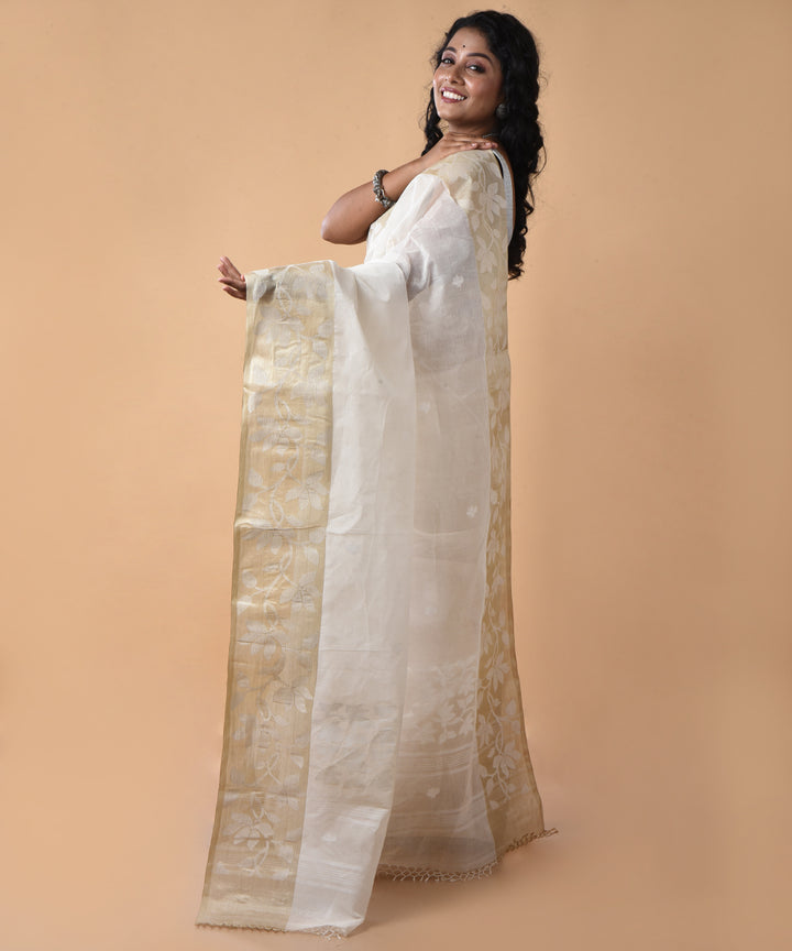 Cream silk handwoven jamdani saree
