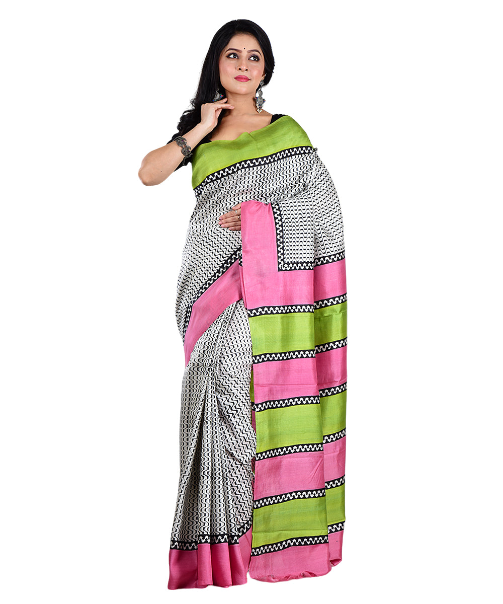 White multicolor silk hand printed saree