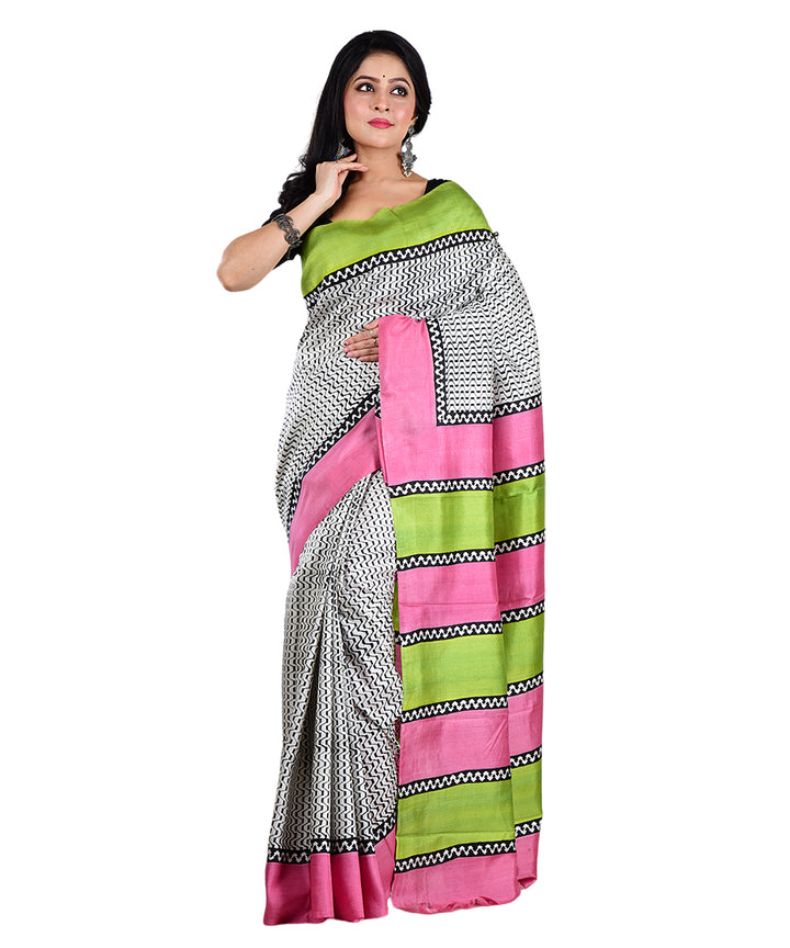 White multicolor silk hand printed saree