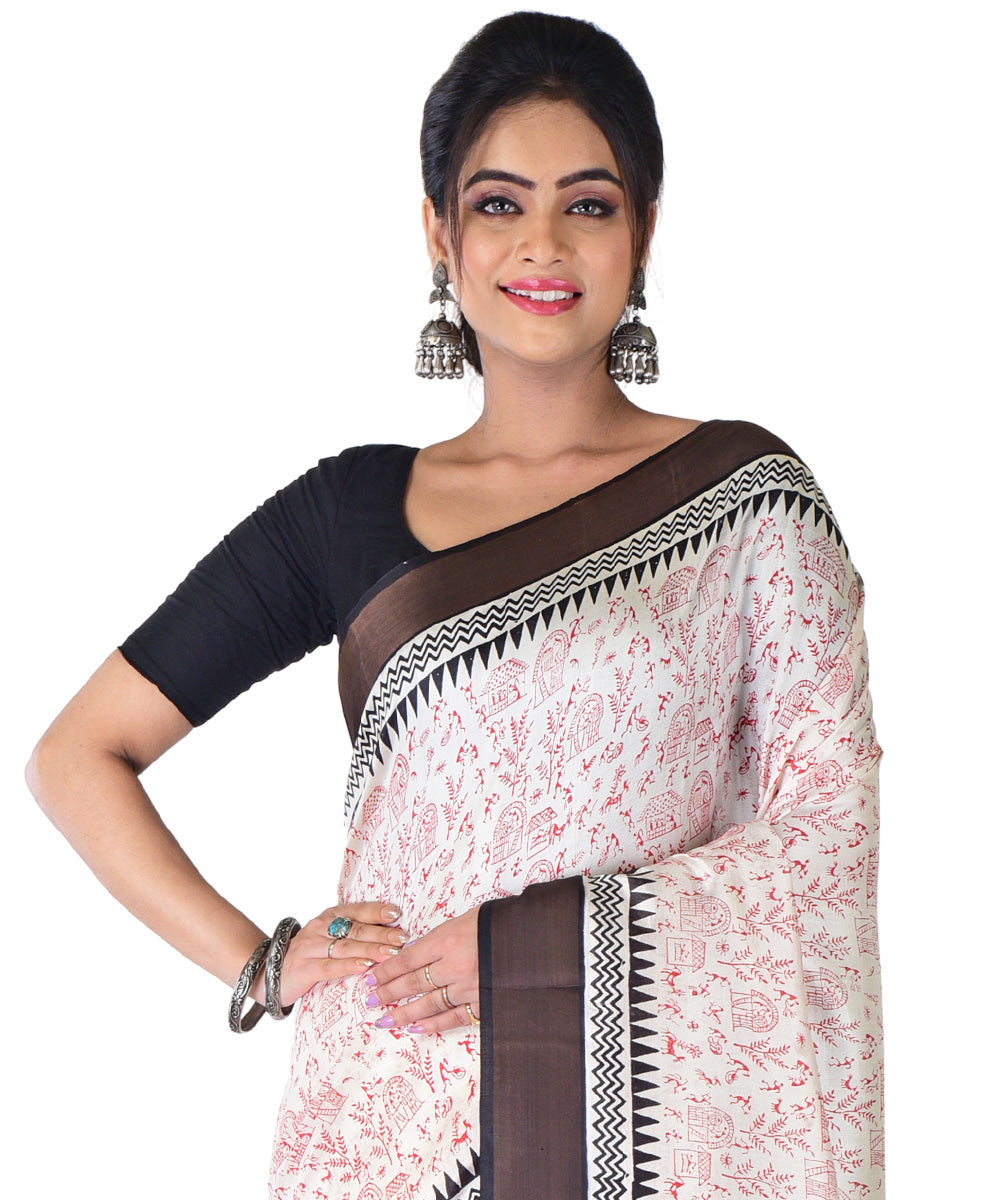 White multicolor hand printed silk saree