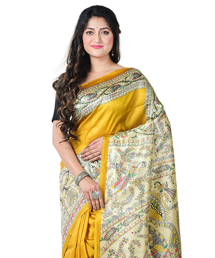 Yellow multicolor block print handprinted silk saree
