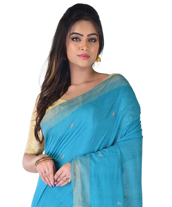 Cyan blue handwoven cotton silk saree