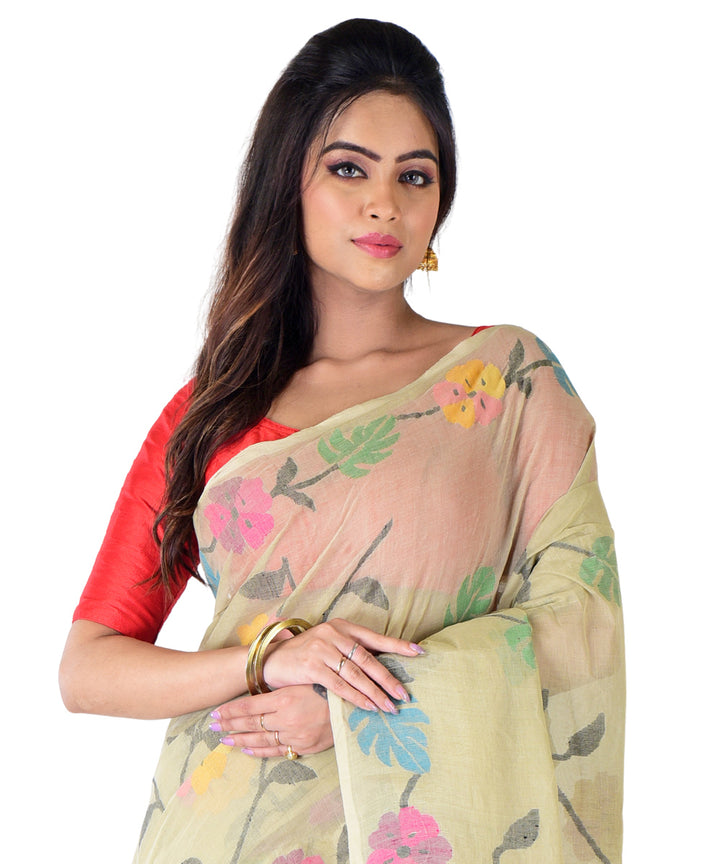Beige multicolor hand woven cotton saree