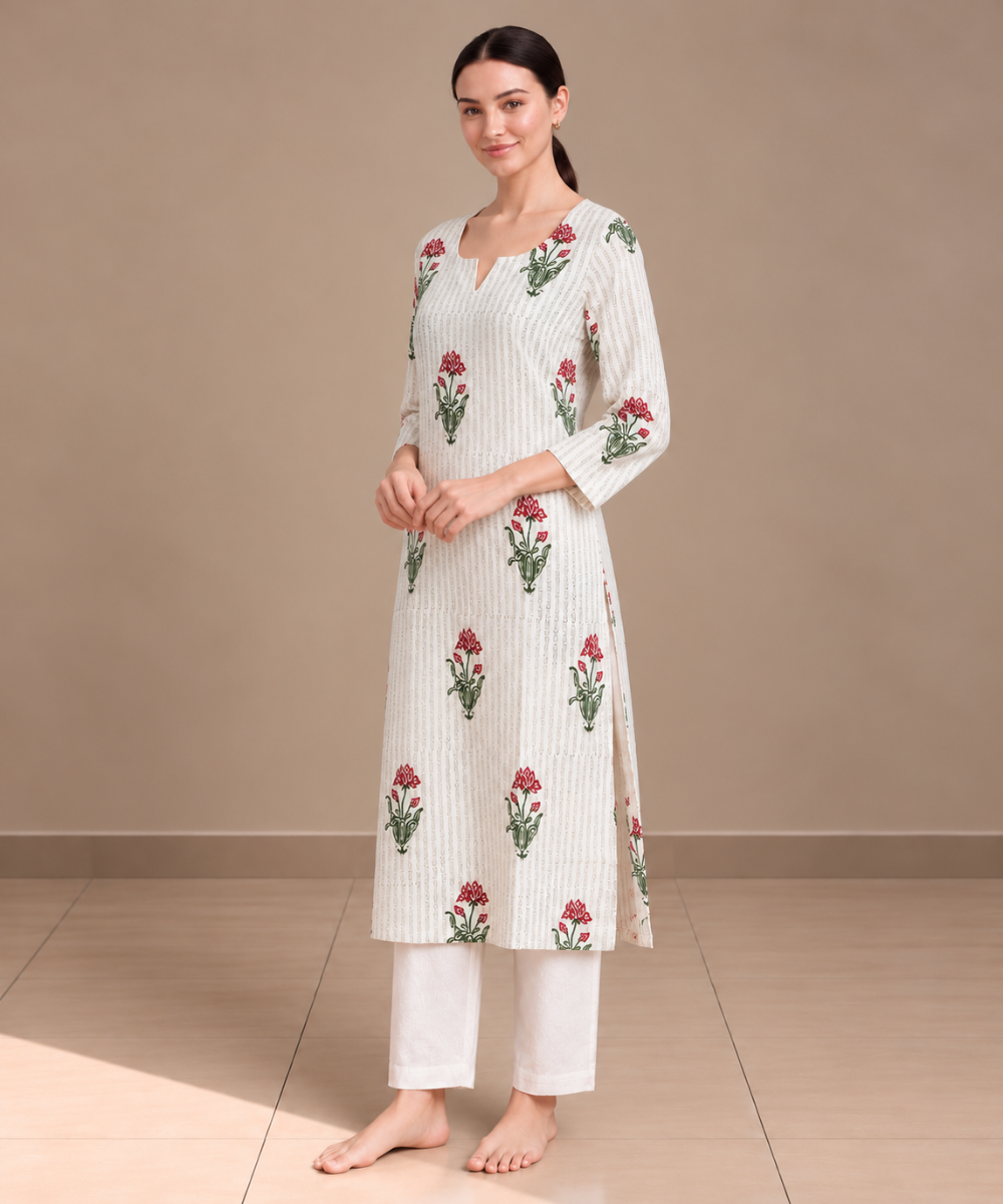 Off white red lotus hand block printed pure cotton kurti