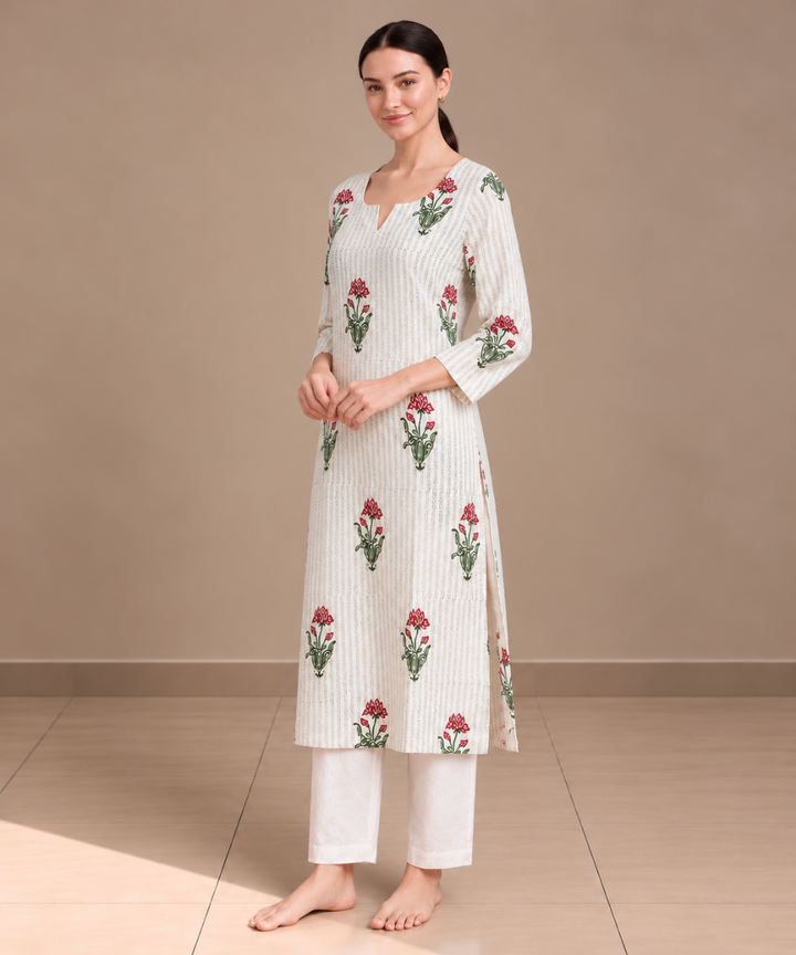 Off white red lotus hand block printed pure cotton kurti