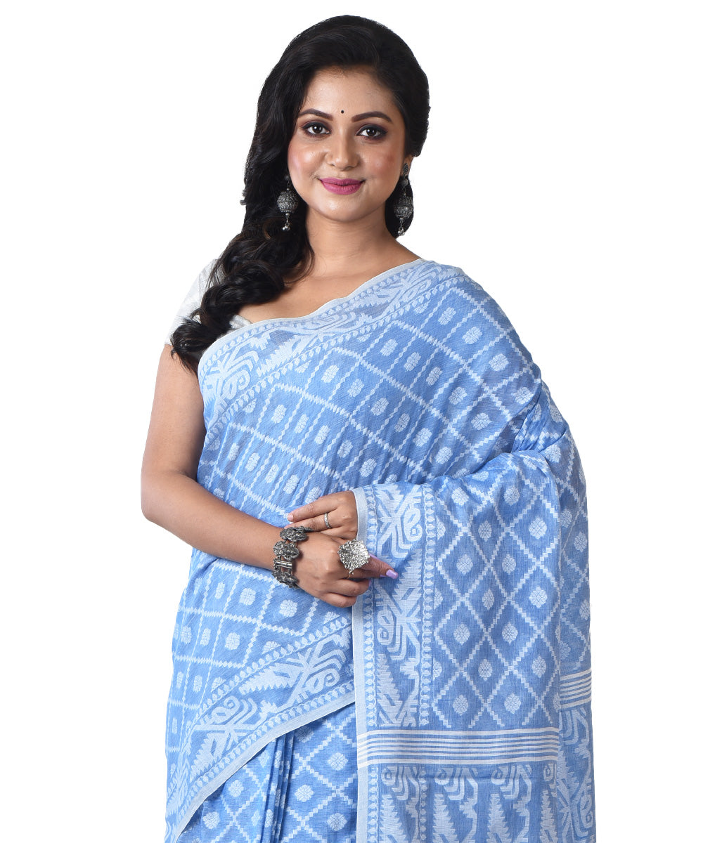 Cyan blue white handloom cotton shantipuri saree