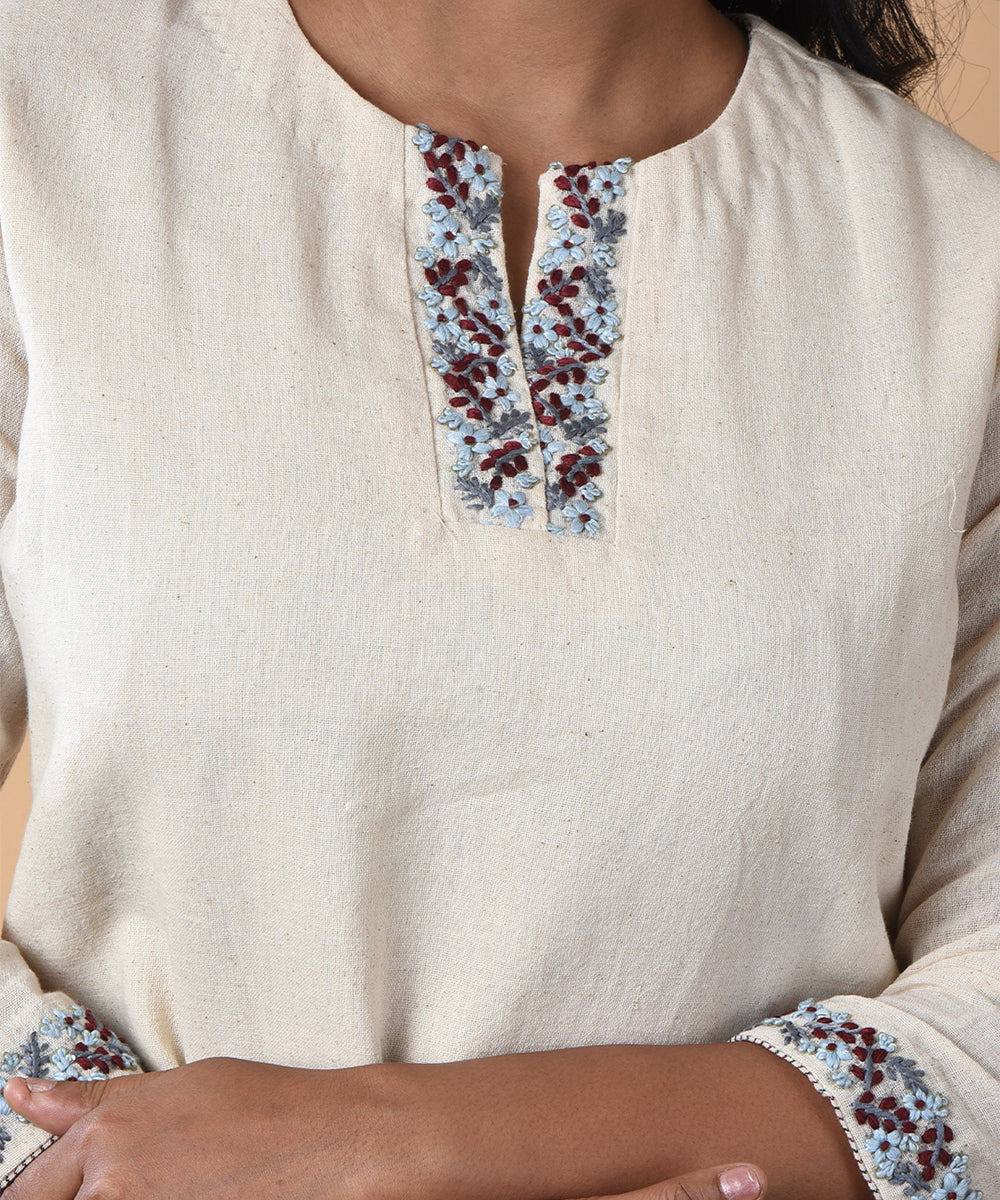 Cream hand embroidered organic kotpad top