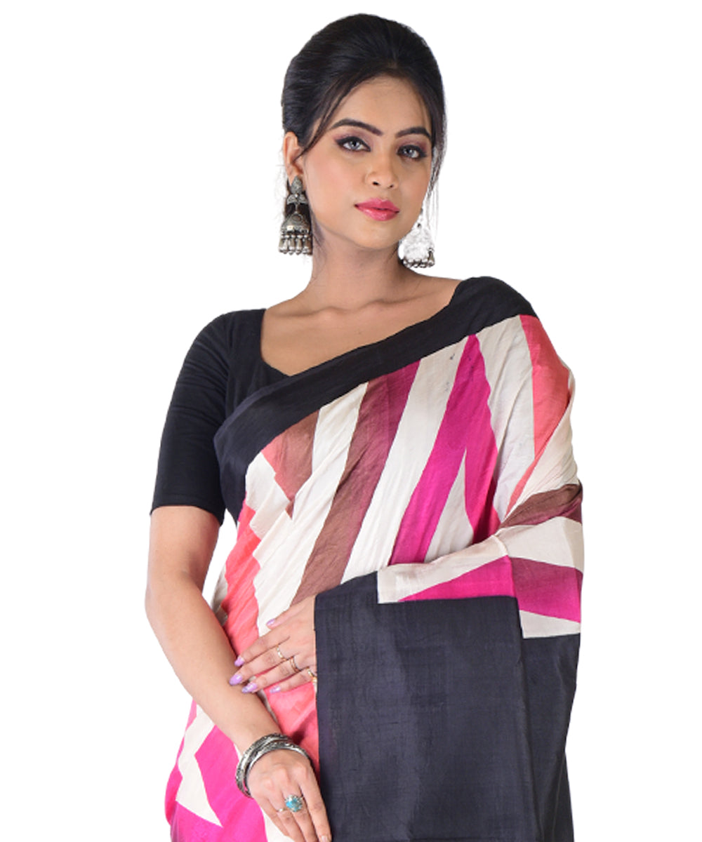 Multicolor black hand printed silk saree