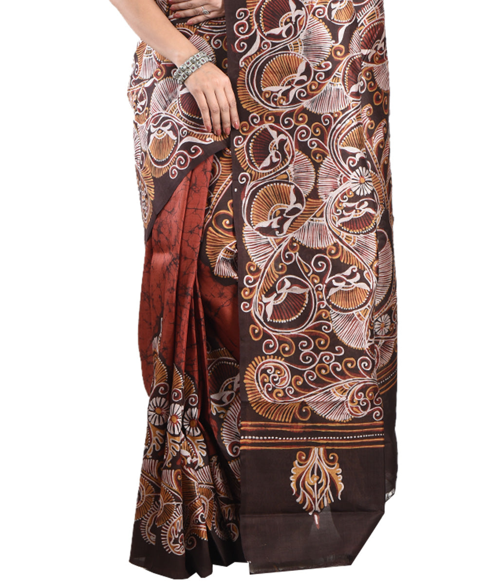 Multicolor brown handloom silk batik print saree