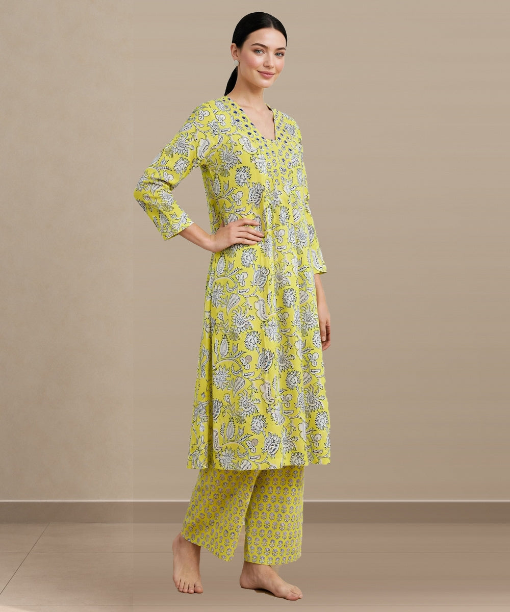 Lime green hand block printed A line cotton kurta set