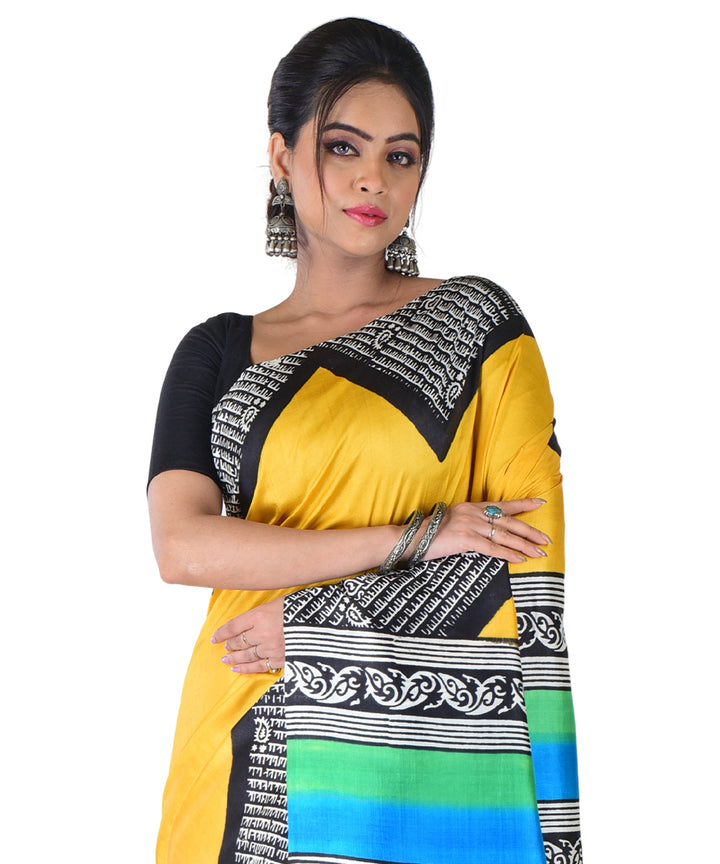 Yellow multicolor silk hand printed saree