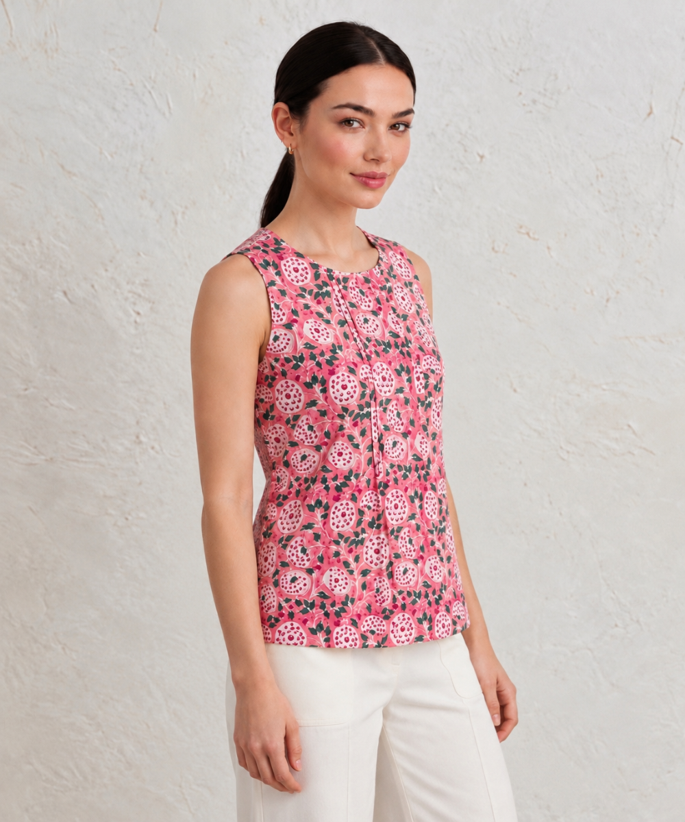 Peach floral hand block printed cotton sleevless top