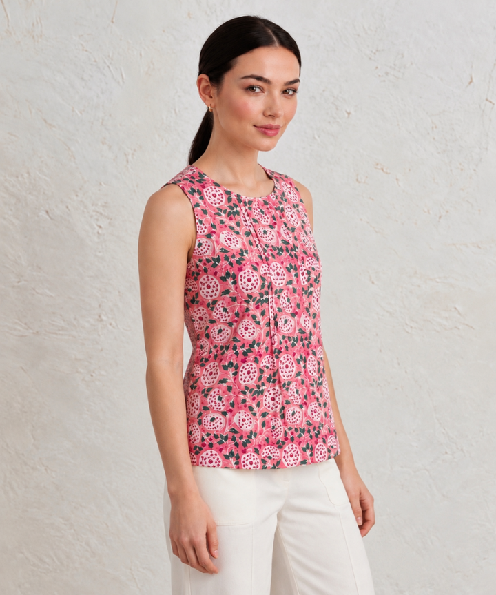 Peach floral hand block printed cotton sleevless top
