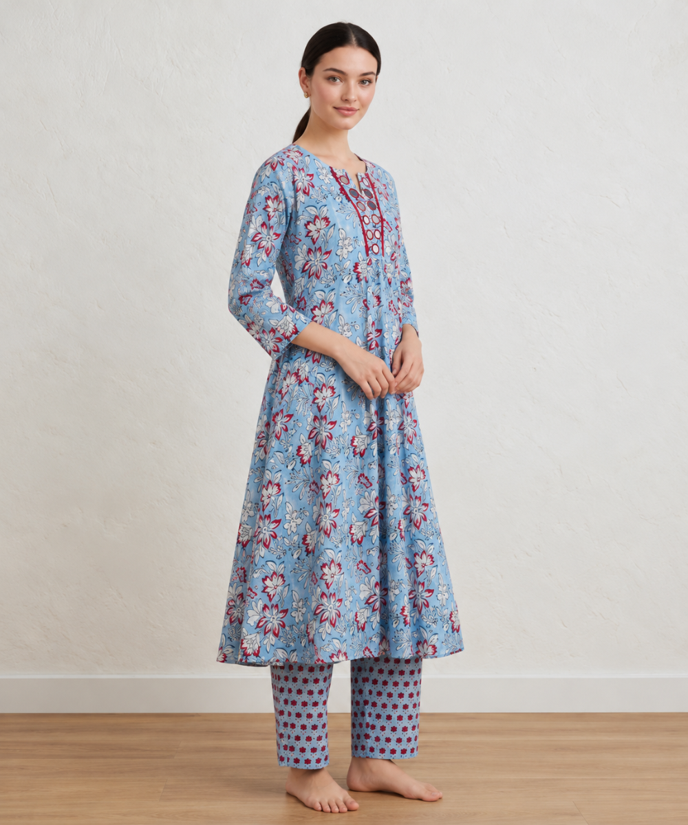 Aqua blue hand block printed A line pure cotton Kurta set