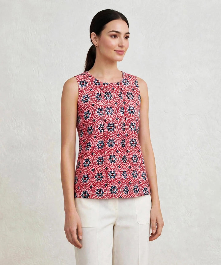 Red blue hand block printed cotton sleevless top