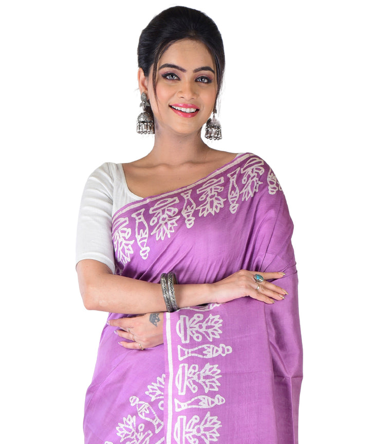 Violet white hand printed silk saree