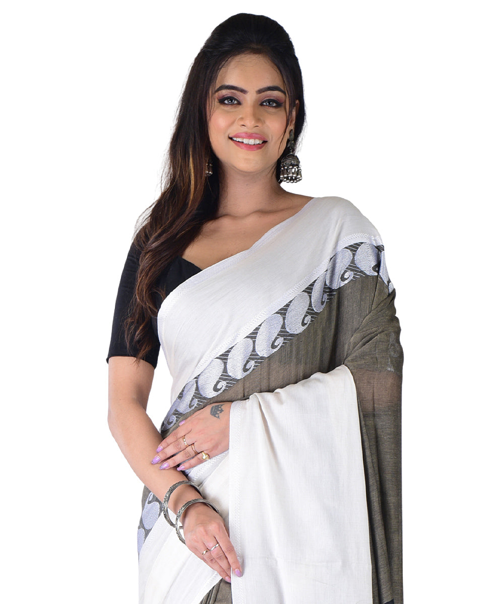 White brown handwoven cotton saree
