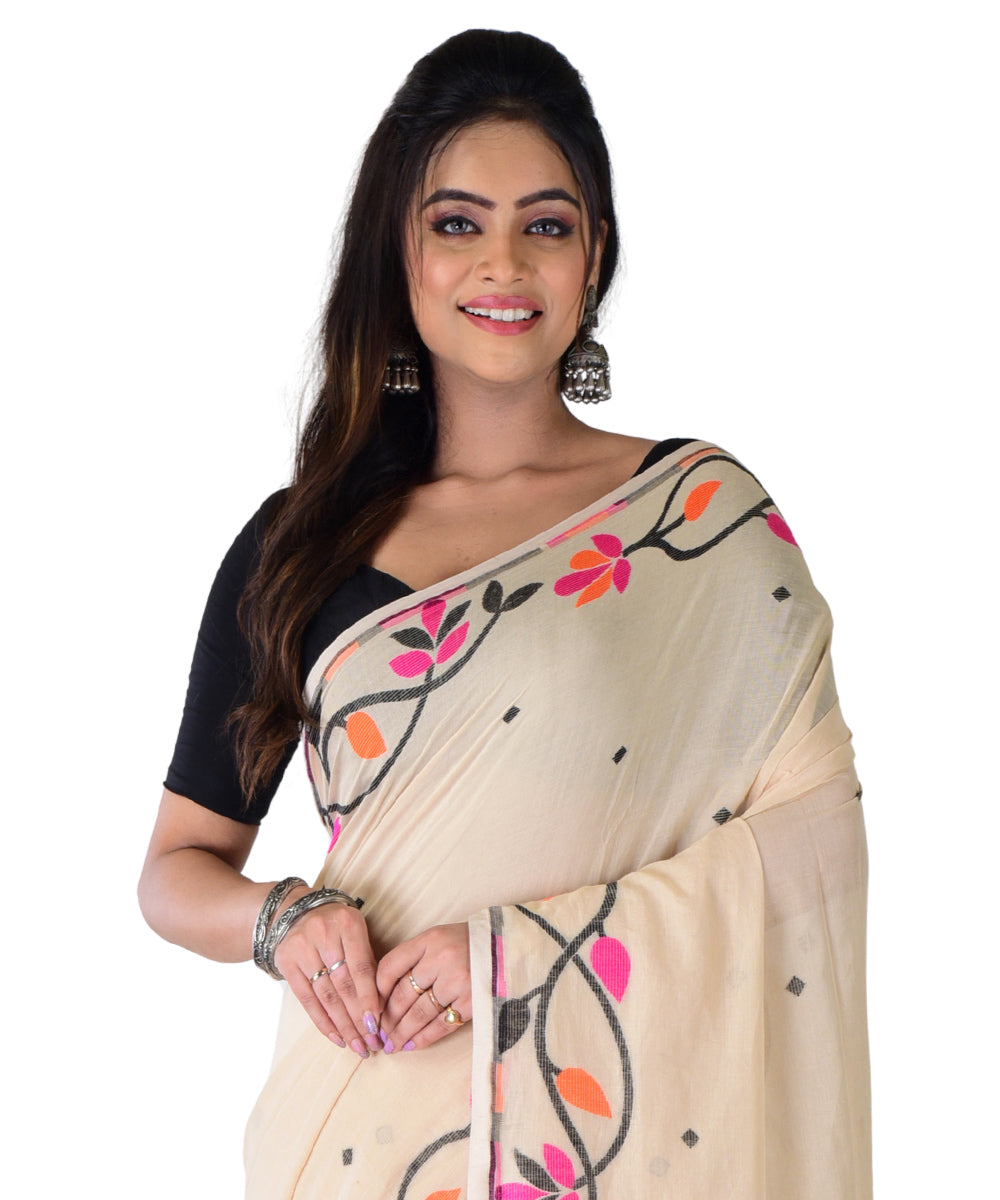 Beige multicolor handwoven cotton saree