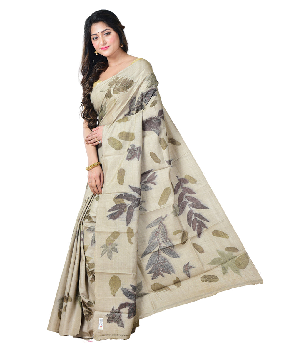 Beige grey  handprinted tussar silk saree