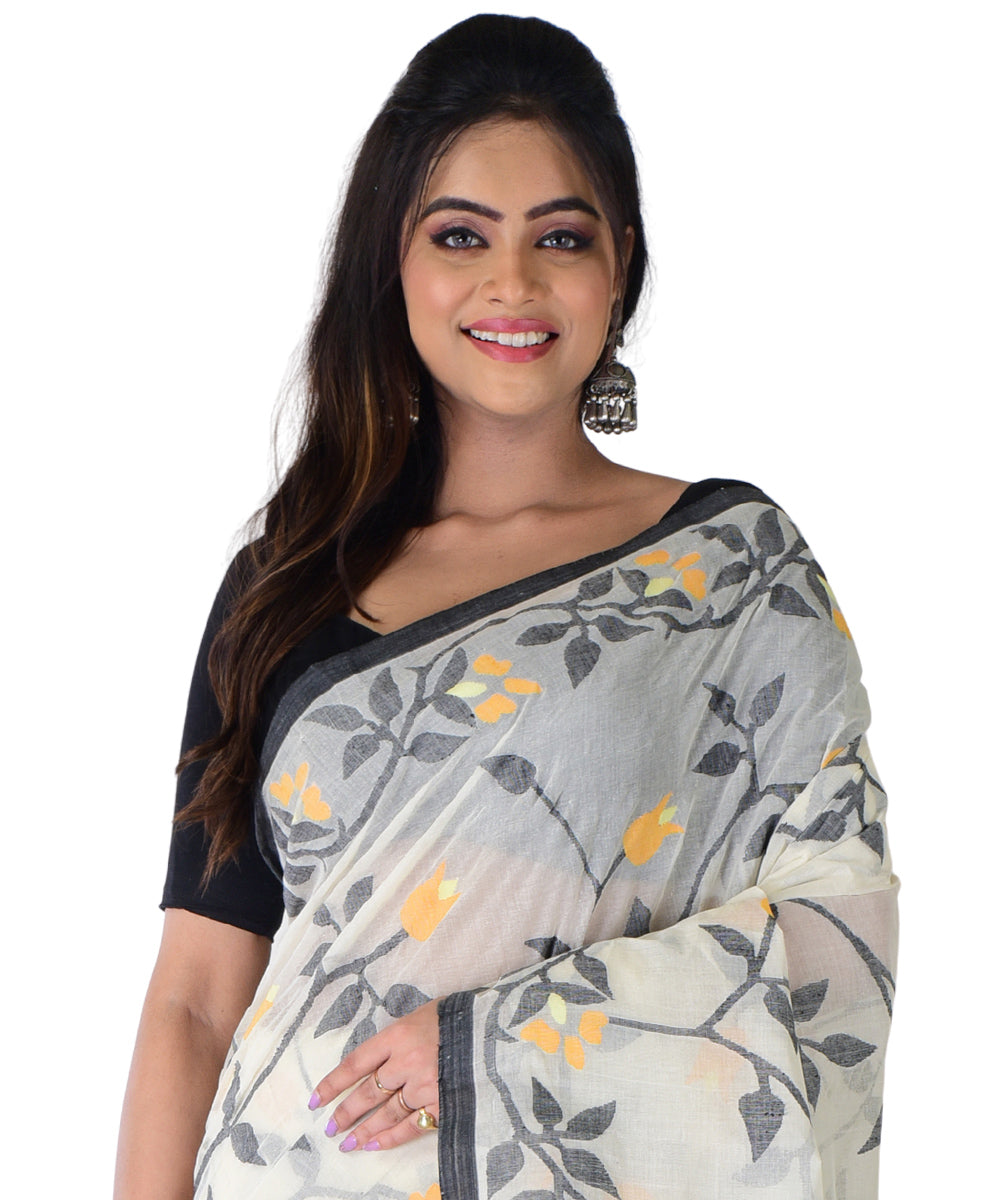 White multicolor hand woven cotton saree