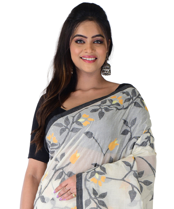 White multicolor hand woven cotton saree