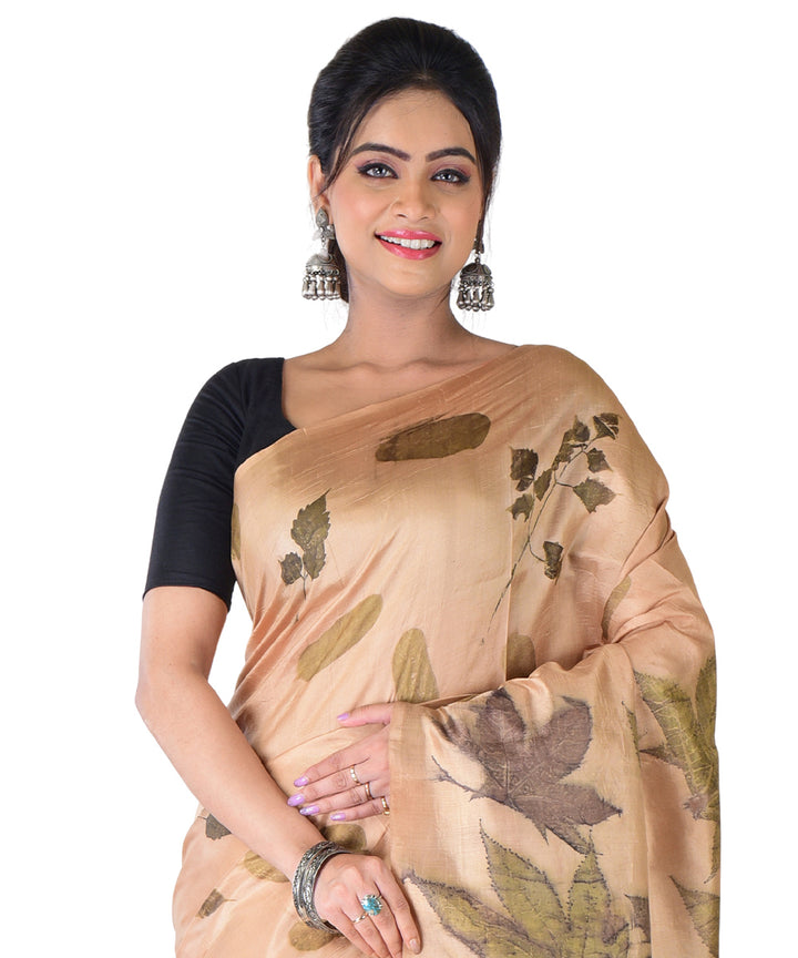 Beige light green hand printed silk saree