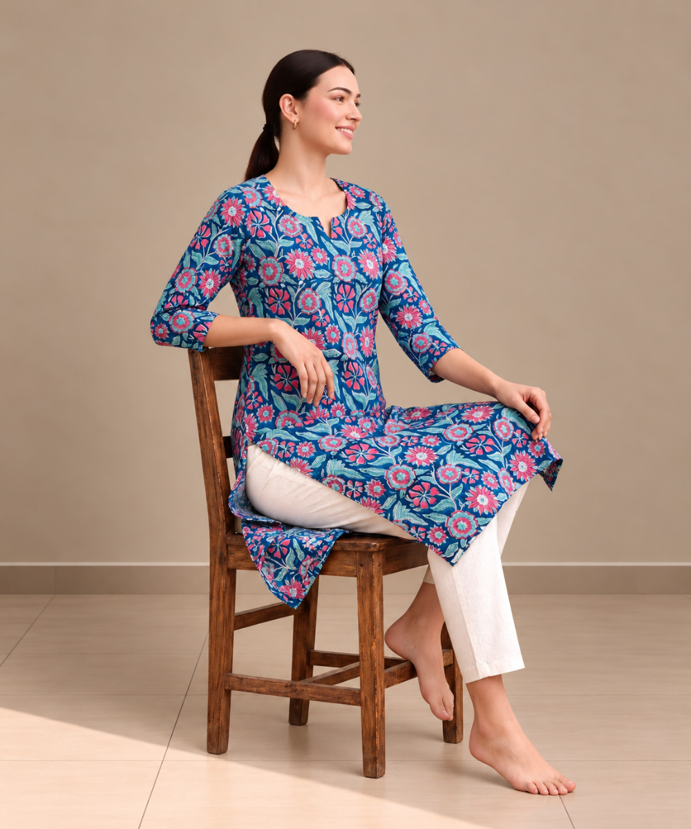 Blue hand block printed pure cotton kurti