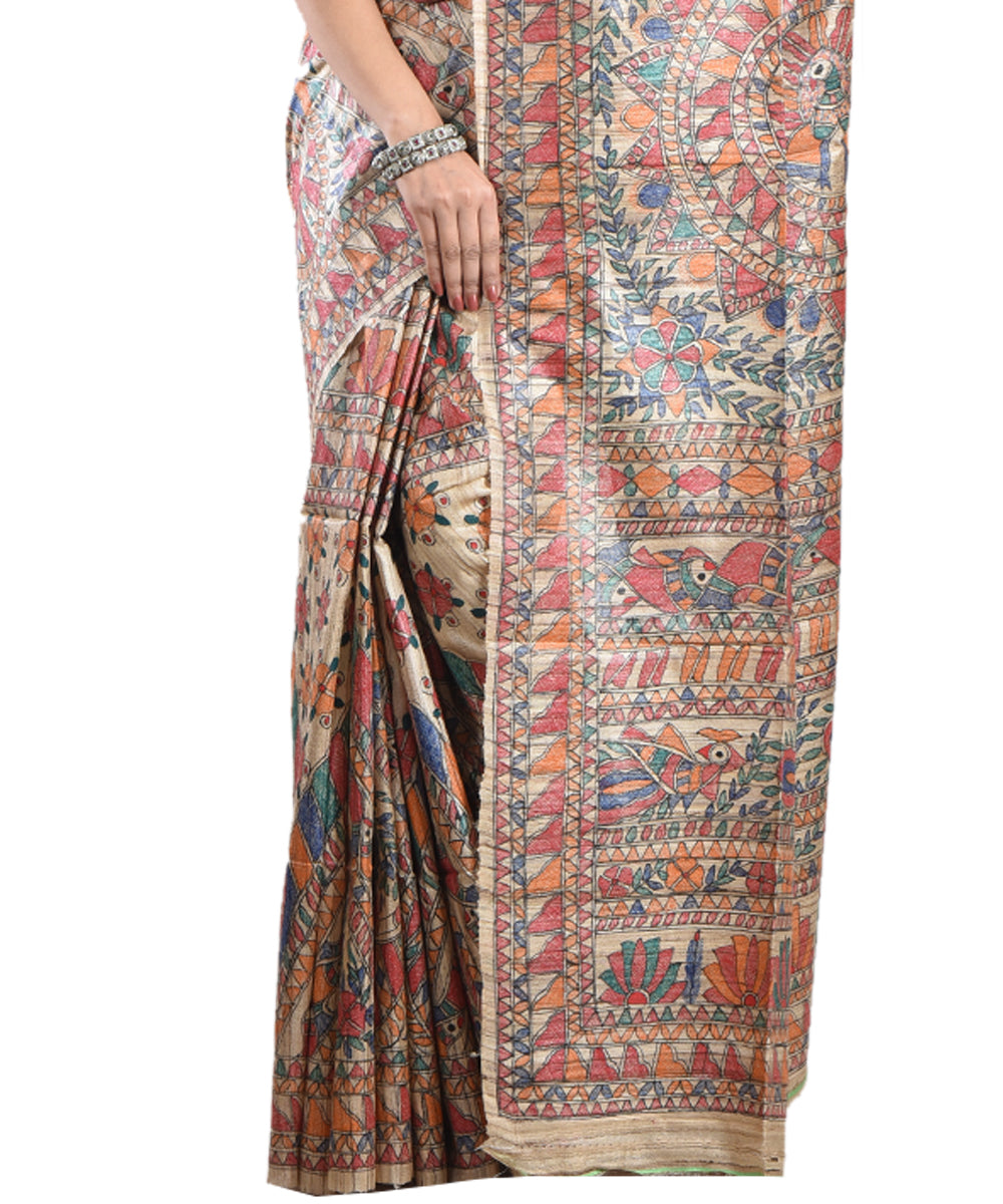 Multicolor beige handwoven tussar silk madhubani painting saree