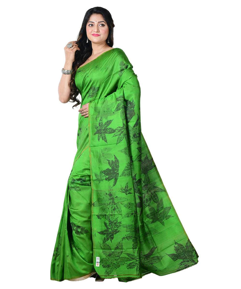 Dark green black  handprinted silk saree