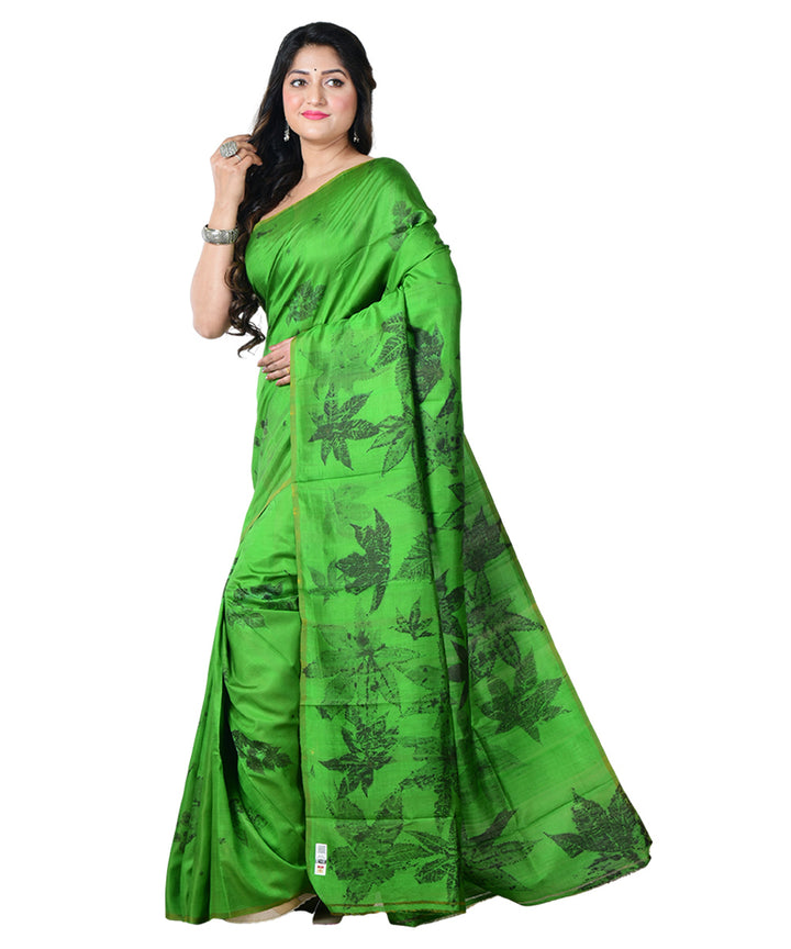 Dark green black  handprinted silk saree