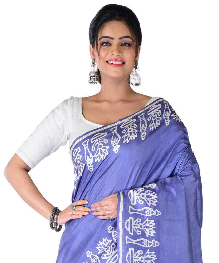 Grey white hand batik printed silk saree